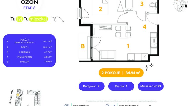 Rzut - Mieszkanie na sprzedaż 2 pokoje o powierzchni 34,94 m² - numer 2.29 w Osiedle Ozon etap VIII