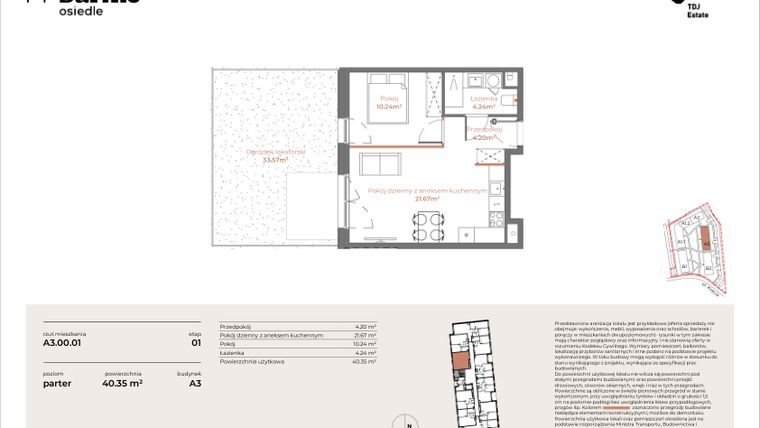 Rzut - Mieszkanie na sprzedaż 2 pokoje o powierzchni 40,35 m² - numer A3-00.01 w Sarnie Osiedle