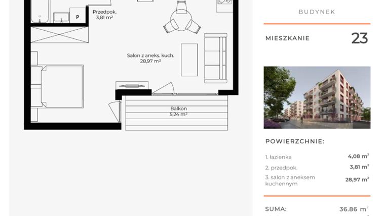 Rzut - Mieszkanie na sprzedaż 1 pokój o powierzchni 36,86 m² - numer 23 w Mikusińskiego 25