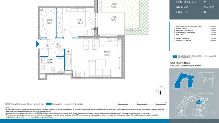 Rzut - Mieszkanie na sprzedaż 2 pokoje o powierzchni 50,13 m² - numer FB0006 w Spokojny Mokotów etap II