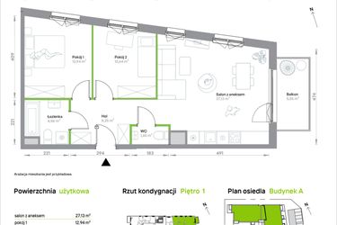 Rzut - Mieszkanie na sprzedaż 3 pokoje o powierzchni 65,19 m² - numer A/1/38 w Krakowska Vita