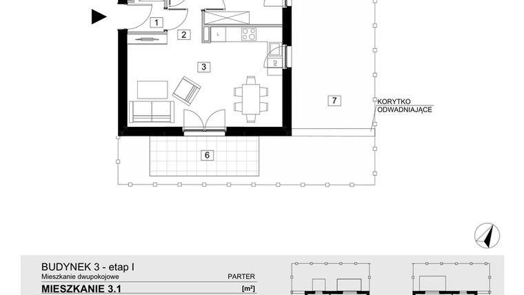 Rzut - Mieszkanie na sprzedaż 2 pokoje o powierzchni 43,36 m² - numer 3.1 w Jasieny