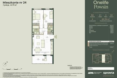 Rzut - Mieszkanie na sprzedaż 3 pokoje o powierzchni 62,78 m² - numer B2/24 w Onelife Powsin
