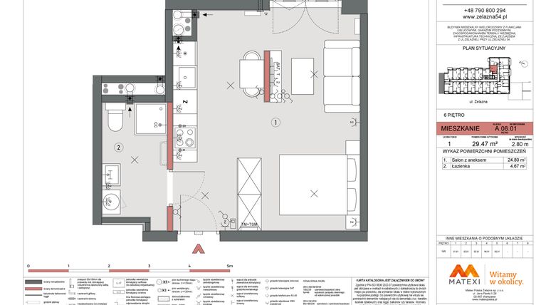 Rzut - Mieszkanie na sprzedaż 1 pokój o powierzchni 29,47 m² - numer A.06.01 w Żelazna 54