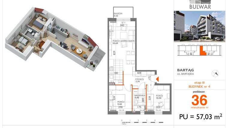 Rzut - Mieszkanie na sprzedaż 3 pokoje o powierzchni 57,03 m² - numer 36 w Osiedle Bulwar bud. 4
