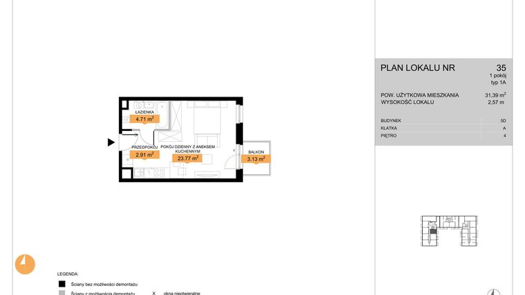 Rzut - Mieszkanie na sprzedaż 1 pokój o powierzchni 31,39 m² - numer 35 w Zenit V