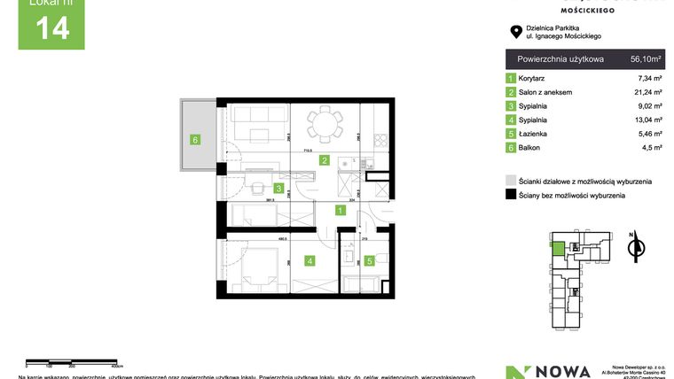 Rzut - Mieszkanie na sprzedaż 3 pokoje o powierzchni 56,1 m² - numer M14 w Nowa Częstochowa Mościckiego