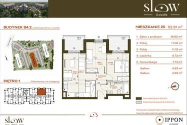 Rzut - Mieszkanie na sprzedaż 3 pokoje o powierzchni 52,91 m² - numer B4.2.25 w Osiedle SLOW