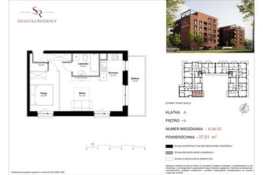 Rzut - Mieszkanie na sprzedaż 2 pokoje o powierzchni 37,46 m² - numer A-04-02 w Siedlecka Residence