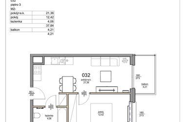 Rzut - Mieszkanie na sprzedaż 2 pokoje o powierzchni 37,84 m² - numer 32 w Rezydencja Liwska 3