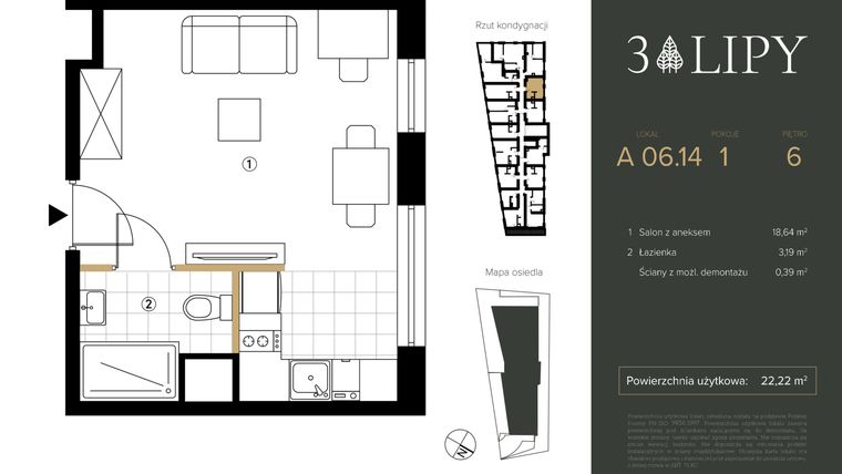 Rzut - Mieszkanie na sprzedaż 1 pokój o powierzchni 22,22 m² - numer A.06.14 w 3 lipy