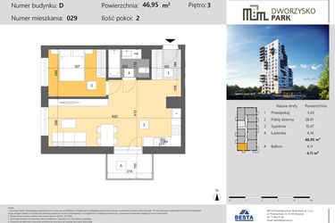 Rzut - Mieszkanie na sprzedaż 2 pokoje o powierzchni 46,95 m² - numer 29 w Dworzysko Park - Etap III