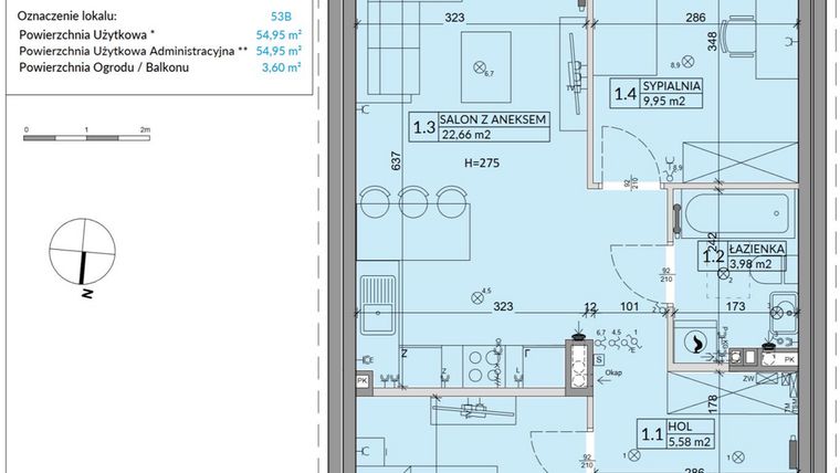 Rzut - Mieszkanie na sprzedaż 3 pokoje o powierzchni 54,95 m² - numer 53B w Osiedle Młodych etap VIII