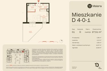 Rzut - Mieszkanie na sprzedaż 1 pokój o powierzchni 27,51 m² - numer D4-0-1 w Osiedle Meiera