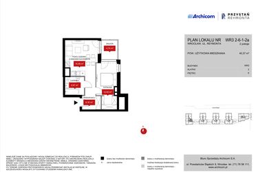 Rzut - Mieszkanie na sprzedaż 2 pokoje o powierzchni 40,37 m² - numer WR3 2/6/1/2a w Przystań Reymonta etap II