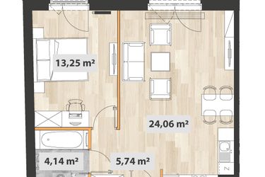 Rzut - Mieszkanie na sprzedaż 2 pokoje o powierzchni 47,51 m² - numer B.01.01 w Na Okrzei