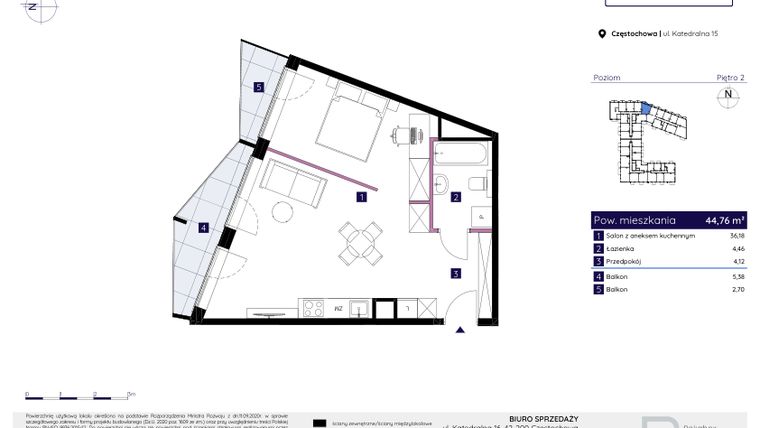 Rzut - Mieszkanie na sprzedaż 1 pokój o powierzchni 44,78 m² - numer 56 w Osiedle Neonowe