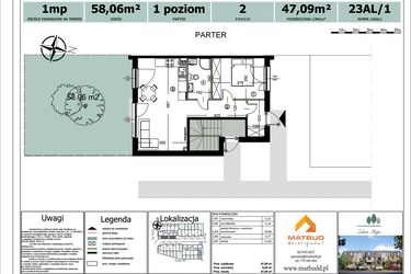 Rzut - Mieszkanie na sprzedaż 2 pokoje o powierzchni 47,09 m² - numer 23AL/1 w Zielone Alejki etap II
