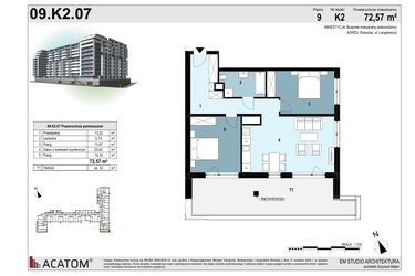 Rzut - Mieszkanie na sprzedaż 3 pokoje o powierzchni 72,35 m² - numer 09.K2.07 w Langiewicza 37