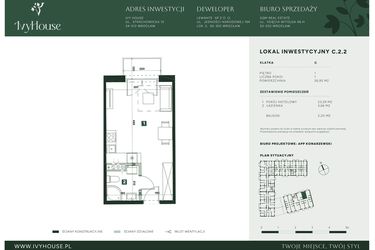 Rzut - Mieszkanie na sprzedaż 1 pokój o powierzchni 26,95 m² - numer C.2.2 w IVY HOUSE - Apartamenty inwestycyjne