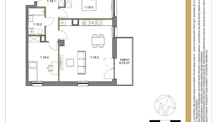Rzut - Mieszkanie na sprzedaż 2 pokoje o powierzchni 68,35 m² - numer 19 w Osiedle Sfera etap II