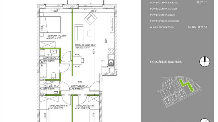 Rzut - Mieszkanie na sprzedaż 4 pokoje o powierzchni 77,75 m² - numer A2.57 w Osiedle Naturalnie
