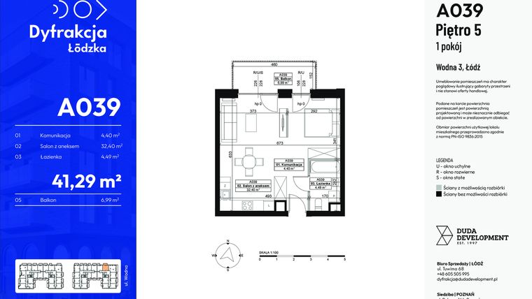 Rzut - Mieszkanie na sprzedaż 1 pokój o powierzchni 41,29 m² - numer A039 w Dyfrakcja Łódzka