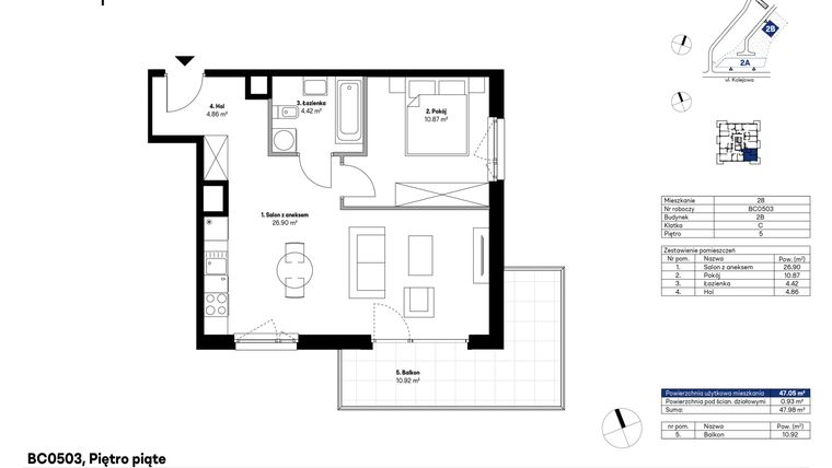 Rzut - Mieszkanie na sprzedaż 2 pokoje o powierzchni 47,05 m² - numer BC0503 w NU2 Warszawa Wola
