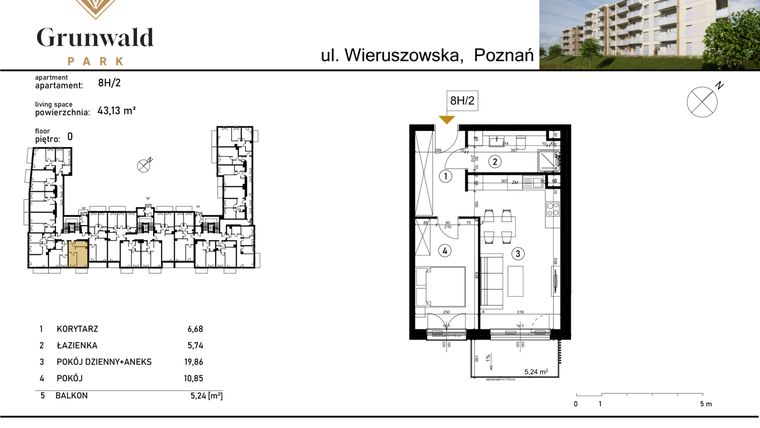 Rzut - Mieszkanie na sprzedaż 2 pokoje o powierzchni 43,13 m² - numer 8 H/2 w Grunwald Park