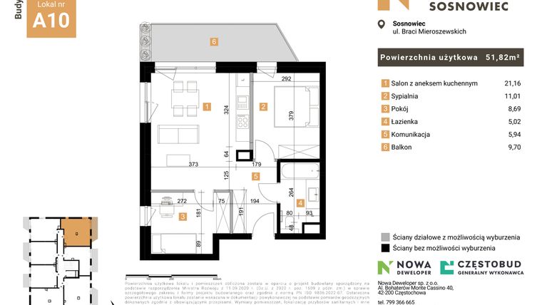 Rzut - Mieszkanie na sprzedaż 3 pokoje o powierzchni 51,82 m² - numer 10 w Nowy Sosnowiec