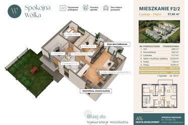 Rzut - Mieszkanie na sprzedaż 3 pokoje o powierzchni 57,66 m² - numer F2.2 w Spokojna Wólka etap II