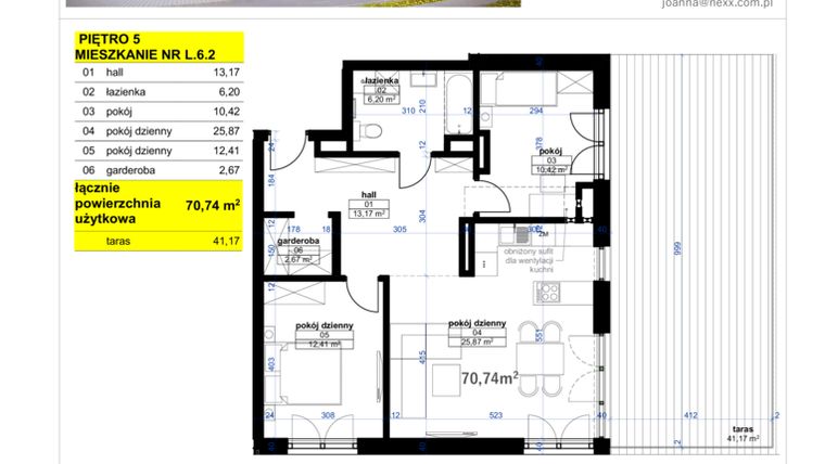 Rzut - Mieszkanie na sprzedaż 3 pokoje o powierzchni 70,74 m² - numer L 6.2 w Park Moniuszki etap IV