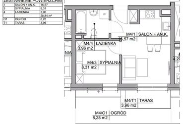 Rzut - Mieszkanie na sprzedaż 2 pokoje o powierzchni 28,84 m² - numer 4 w Kamienica Warszawska 34