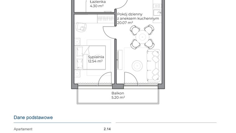 Rzut - Mieszkanie na sprzedaż 2 pokoje o powierzchni 36,97 m² - numer B.2.14 w Anchoria Holiday