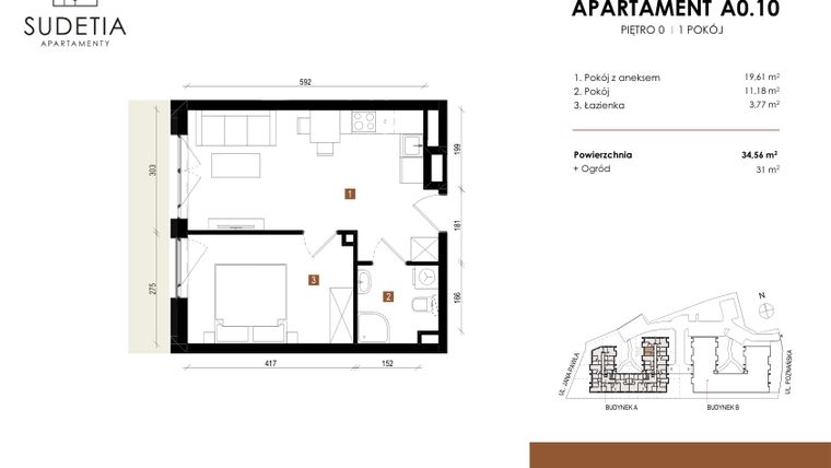 Rzut - Mieszkanie na sprzedaż 2 pokoje o powierzchni 34,56 m² - numer A 0.10 w Apartamenty Sudetia