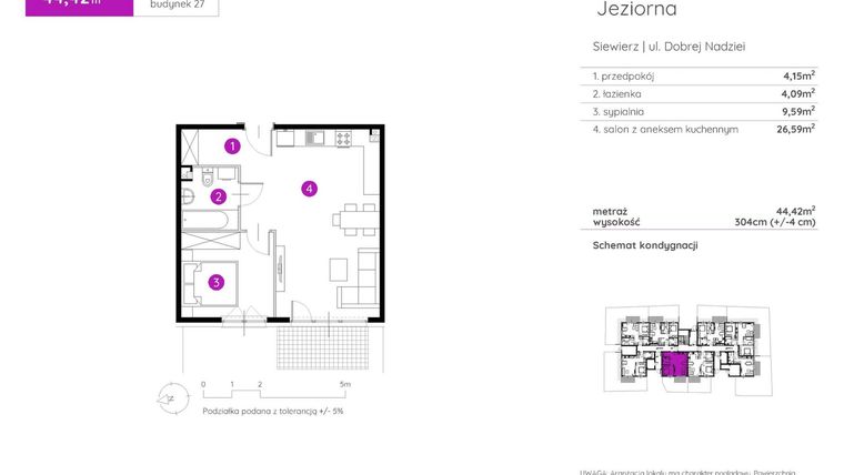 Rzut - Mieszkanie na sprzedaż 2 pokoje o powierzchni 44,42 m² - numer 27.A.0.5 w Murapol Siewierz Jeziorna bud. 27 i 28