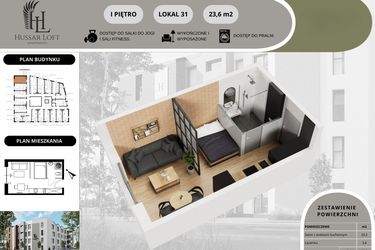 Rzut - Mieszkanie na sprzedaż 1 pokój o powierzchni 23,6 m² - numer 31 w Hussar Loft - Apartamenty inwestycyjne