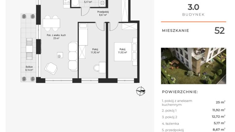 Rzut - Mieszkanie na sprzedaż 3 pokoje o powierzchni 63,48 m² - numer 52 w Bytkowska 3.0