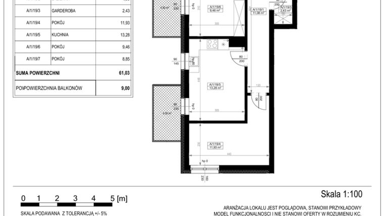 Rzut - Mieszkanie na sprzedaż 4 pokoje o powierzchni 61,03 m² - numer A-1-19 w Zamieszkaj na Rudawskiej 5