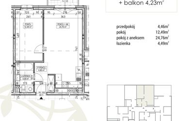 Rzut - Mieszkanie na sprzedaż 2 pokoje o powierzchni 46,2 m² - numer A1.03.24 w Zakątek Flora