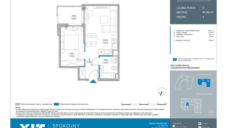Rzut - Mieszkanie na sprzedaż 2 pokoje o powierzchni 40,98 m² - numer GC0101 w Spokojny Mokotów etap II