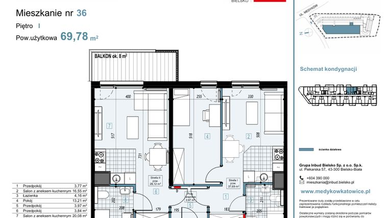 Rzut - Mieszkanie na sprzedaż 3 pokoje o powierzchni 69,78 m² - numer 36 w Medyków 32