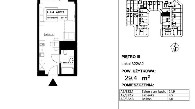 Rzut - Mieszkanie na sprzedaż 1 pokój o powierzchni 29,4 m² - numer 322 w Apollo Resort