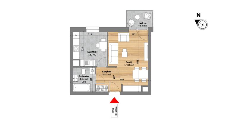 Rzut - Mieszkanie na sprzedaż 1 pokój o powierzchni 36,2 m² - numer M63 w Przy Kochanowskiego