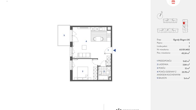 Rzut - Mieszkanie na sprzedaż 2 pokoje o powierzchni 45,13 m² - numer A3.101.M02 w Mieszkaj w mieście - Ogrody Glogera