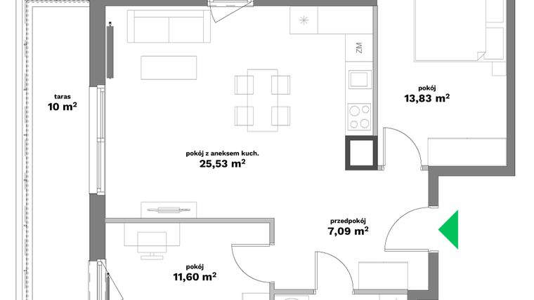 Rzut - Mieszkanie na sprzedaż 3 pokoje o powierzchni 63,13 m² - numer B2-36 w Forma Otwarta etap II