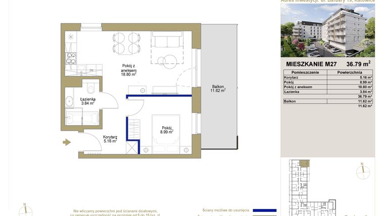 Rzut - Mieszkanie na sprzedaż 2 pokoje o powierzchni 36,79 m² - numer 27 w Barbary 19