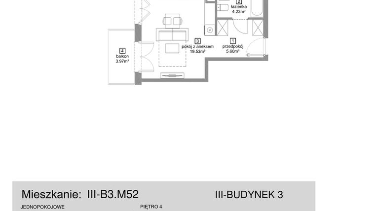 Rzut - Mieszkanie na sprzedaż 1 pokój o powierzchni 29,36 m² - numer III-B3.M52 w Strefa Cegielnia 3