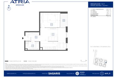 Rzut - Mieszkanie na sprzedaż 2 pokoje o powierzchni 44,54 m² - numer 1.0.1 w Atria Nowe Żerniki