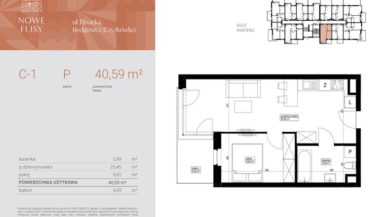 Rzut - Mieszkanie na sprzedaż 2 pokoje o powierzchni 40,59 m² - numer M1_NF.c w Nowe Flisy II